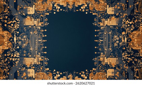Abstract circuit board design with intricate patterns and textures in warm tones