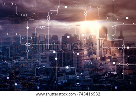 Abstract circuit city background with sunlight. Technology and inovation concept. Double exposure 