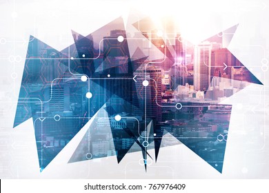 Abstract circuit city background. Urban technology concept. Double exposure  - Shutterstock ID 767976409