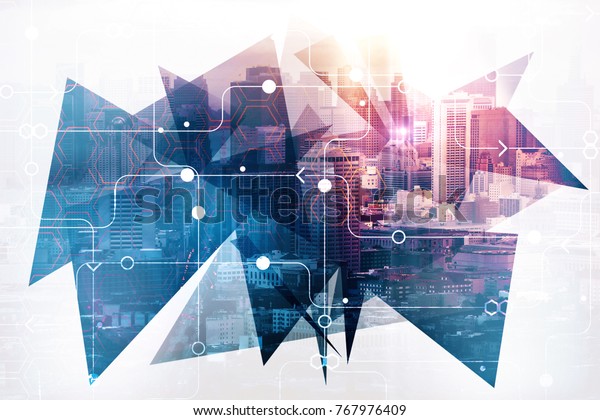 Abstract circuit city background. Urban technology concept. Double exposure 