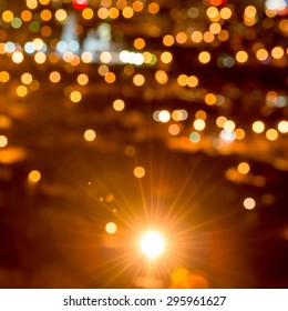 Abstract Circular Bokeh Background, City Lights In The Twilight With Streetlight, Closeup 