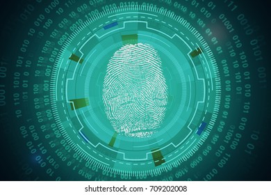 Abstract circular tech pattern with thumb print and binary code. Innovation and biometrics concept. 3D Rendering 