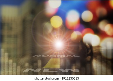 Abstract city life with new normal word on road background. Future ahead keep moving concept and new normal after COVID-19 crisis with work anywhere idea