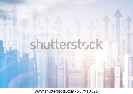 Abstract city with upward arrows and daylight. Double exposure. Finance concept