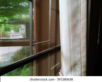 Abstract Close Up Part Of Wooden Window And Curtain With Mosquito Wire Screen And Curved Steel In House