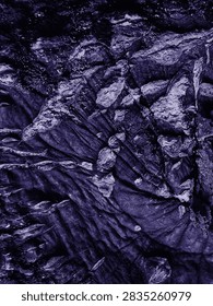 Abstract close up texture of rough tree bark edited in dark purple and indigo tone. Grunge organic surface with deep wrinkles, cracks, and peeling layers. Dark moody background with copy space. Concept for abstract, fantasy, sci-fi, horror, grunge, and design element.