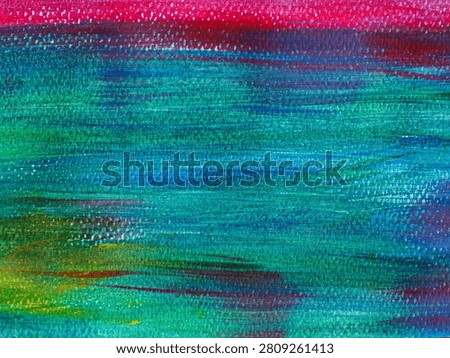 Abstract close-up macro texture of acrylic painting canvas surface with horizontal teal green blue red pink and yellow multicolor brushstroke pattern