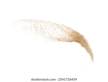Abstract cloud fly. Yellow colored sand splash throwing curve circle in Air. Golden grain wave explode. Fine Sand flying explosion, White background Isolated throwing particle element object