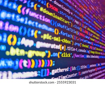 Abstract code background. Blue unique background. Stock market graph and ticker with blue screen for stock exchange analysis. Stock market ticker on monitor screen. Background of program code.