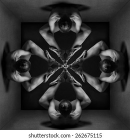 Abstract collage beautiful bodies of young women over dark cube
