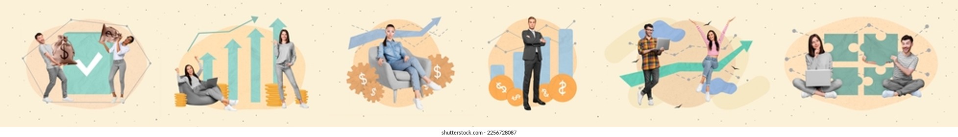 Abstract collage collection of company successful people earn profit money growth arrow charts isolated on creative background - Powered by Shutterstock