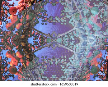 Abstract collage with different layer overlay modes of images  of  branches of wild Apple tree with fruits and images of roll of fiberglass Wallpaper. White balance offset. Narrow focus.