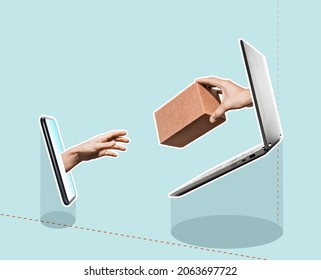 Abstract collage with laptop, smartphone and human hand with carton box. Concept of online shopping, delivery.