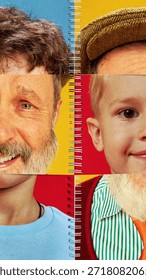 Abstract collage portrait comparing generations and learning perspectives. Concept of knowledge transfer, mentorship and evolving experience, education platforms, social projects and editorials.