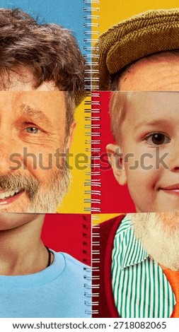 Abstract collage portrait comparing generations and learning perspectives. Concept of knowledge transfer, mentorship and evolving experience, education platforms, social projects and editorials.