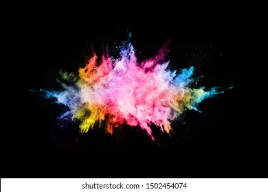 Abstract Colored Dust Explosion On A Black Background.abstract Powder Splatted Background,Freeze Motion Of Color Powder Exploding/throwing Color Powder, Multicolored Glitter Texture.