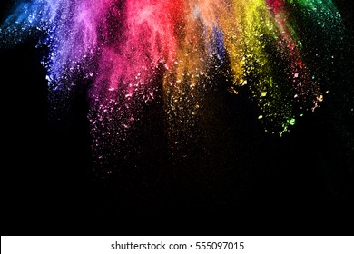 Abstract Colored Dust Explosion On A Black Background.abstract Powder Splatted Background,Freeze Motion Of Color Powder Exploding/throwing Color Powder, Multicolored  Glitter Texture.