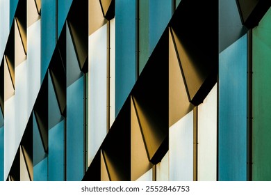 Abstract Colorful Architectural Facade with Interplay of Light, Shadows, and Angular Geometric Patterns