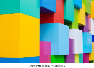 Abstract colorful architectural objects. Yellow red green blue pink white blocks with pantone colors variation.