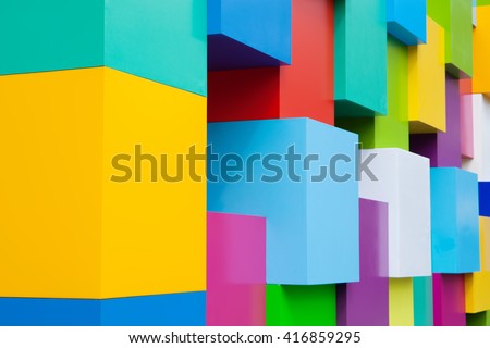 Abstract colorful architectural objects. Yellow red green blue pink white blocks with pantone colors variation.