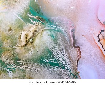 Abstract Colorful Art With Pink, Orange, Green And Gold — Natural Background, Beautiful Smudges, Stains And Veins, Made With Alcohol Ink. Fluid Texture Resembles Lichen, Leaf, Watercolor, Aquarelle.