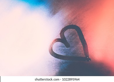 Abstract Colorful Love Background, Hand Drawing Of Heart On The Misted Window, Romantic Message For Lovers, Valentines Day Holiday, Passion And Desire Concept