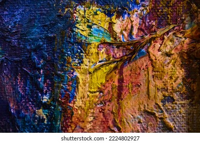 Abstract colorful oil painting on canvas. Oil paint texture with brush and palette knife strokes. Multi colored wallpaper. Macro close up acrylic background. Modern art concept. 