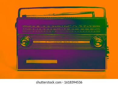 Abstract colorful old radio. Radio antenna. Broadcast object. Minimalism background. Radio broadcasting. Musical record. Retro music. 