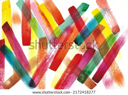 Abstract colorful watercolor pattern. Orange yellow purple green brush strokes on white paper. Bright multicolored art background for design. Chaotic, geometric. Modern.