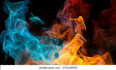 Abstract coloured mix flames isolated on black background. Realistic chemical fire blasts.