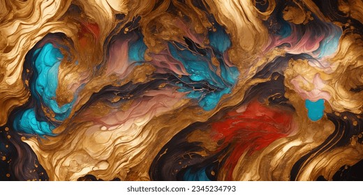 Abstract colourful marble background fluid art painting alcohol ink style with a mix of black, gold, red and blue colours. Beautiful swirl marble background.