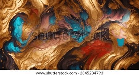 Abstract colourful marble background fluid art painting alcohol ink style with a mix of black, gold, red and blue colours. Beautiful swirl marble background.