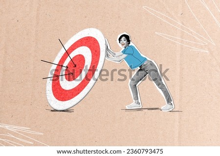 Abstract composite illustration photo collage of motivated girl pull darts disc hitting bullseye isolated on creative painted background