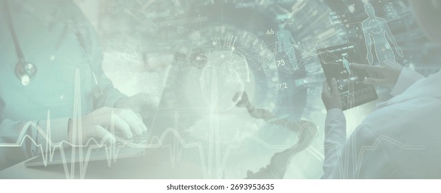 Abstract composite image of doctors using digital tablets with virtual heart data and medical interface overlay. Concept of smart healthcare
