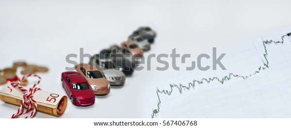 Abstract composition of car prices in\
auto-market. Isolated on white\
background.