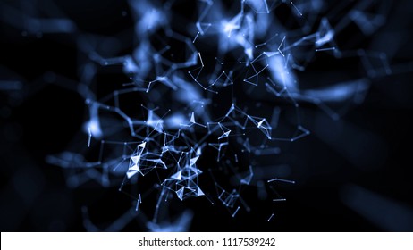 Abstract composition with connecting dots and lines and triangles. Purple background. Plexus effect.