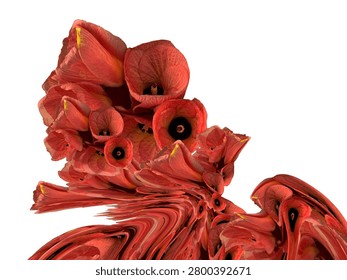 Abstract composition created from flowing red flower petals forming organic swirl shapes with large copy space.