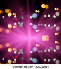 Abstract composition: dynamic interplay of luminosity and chromatic intensity radiates from central burst, creating energetic visual spectacle. Focal point features striking pink hues expanding outward, while blurred circular orbs form captivating mosaic of yellows, blues, greens, and whites. Multicolored illumination evokes celebratory atmosphere reminiscent of nightlife revelry, with intensified rays stretching dramatically in all directions. Soft, slightly muted edges allow vibrant coloration to dominate, preventing distraction from primary theme. Artistic background suits creative applications for entertainment industries, event promotions, or social media graphics. Dreamy, festive mood combined with striking contrast invites imaginative interpretation for various artistic contexts and thematic explorations.
