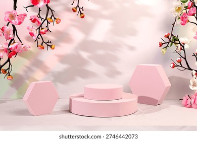 Abstract composition of empty geometric podiums for cosmetic products on a colorful background with pink sakura flowers for design, beautiful spring podium and template for your creativity, elegant beauty concept