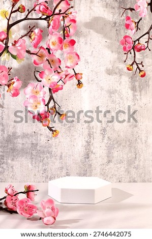Abstract composition of empty geometric podiums for cosmetic products on a colorful background with pink sakura flowers for design, beautiful spring podium and template for your creativity, elegant beauty concept