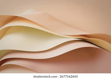 An abstract composition featuring elegantly layered sheets of paper. The smooth, undulating curves create a sense of depth and gentle movement in a palette of warm, muted colors.