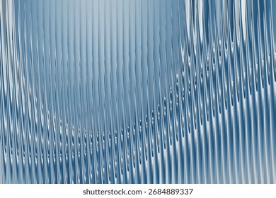 An abstract composition featuring a metallic surface with a unique texture created by undulating vertical lines. The color palette consists of varying shades of blue and white, offering a clean and mo