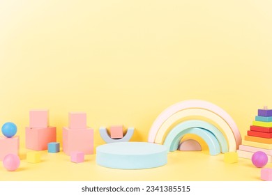 Abstract composition with geometric shapes forms. Exhibition podium, platform for product presentation on yellow background. Front view