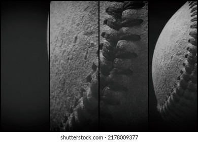 Abstract Composition Of Old Used Baseball In Black And White Closeup As Sports Collage.