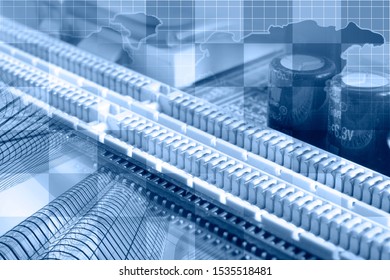 Abstract computer background with buildings and map.