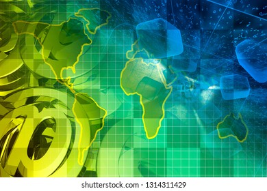 Abstract computer background with digits, map and mail signs.