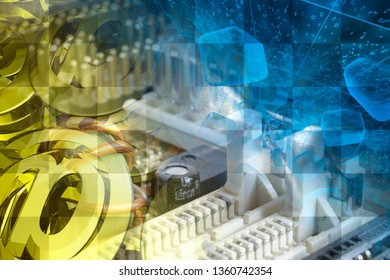 Abstract computer background with electronic device and mail signs.