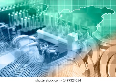 Abstract computer background with electronic device, buildings and map.