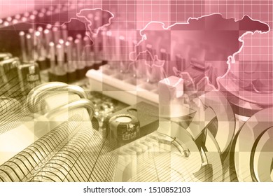 Abstract computer background with electronic device, buildings and map.