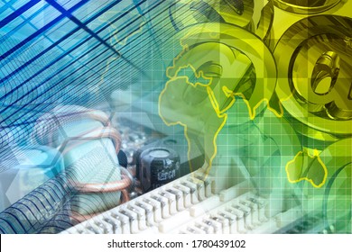 Abstract computer background with electronic device and mail signs.